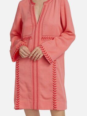 Figue Women's Pink Melissa V Neck Long Sleeve Linen Threaded Minidress Size 4